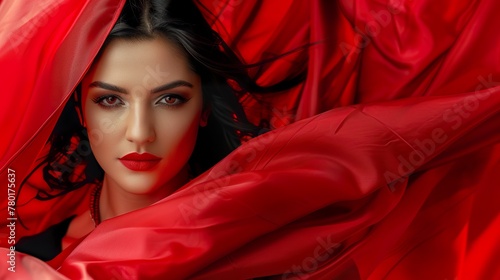 A portrait of a beautiful Albanian woman highlighted by the vibrant colors of the Albanian flag. Albanian woman of natural beauty in feeling of national pride. photo