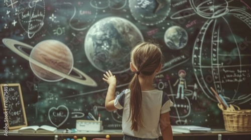 The world of inspiration for children's learning in science education with the imagination of girls on the teacher's blackboard