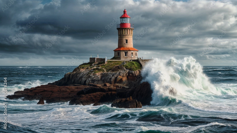 A rocky cliff with a red and white lighthouse on top, surrounded by rough seas and a dark, stormy sky