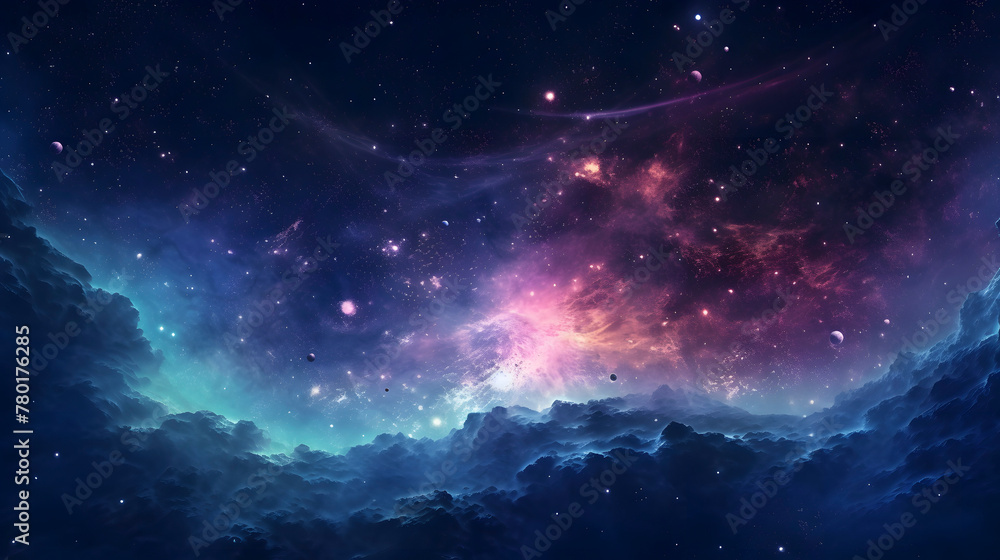 Fototapeta premium Digital blue and purple nebula starry abstract graphic poster web page PPT background