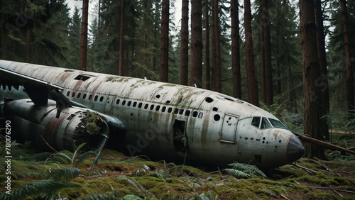 An old plane sits in the middle of a forest, surrounded by trees and covered in moss