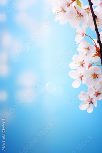 Beautiful spring border, blooming cherry blossoms on a blue background. Beautiful bokeh. 