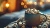 A snug mug of hot chocolate, marshmallows scattered atop, in a close-up that whispers 'cozy'