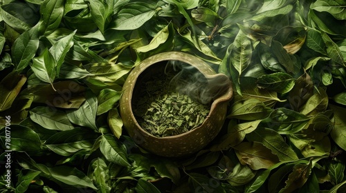 A mesmerizing array of green, juicy yerba mate leaves encircling a traditional steaming calabash gourd, in perfect harmony photo