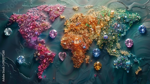 Luxurious Jewel-Toned World Map with Gemstone Embellishments #780177260