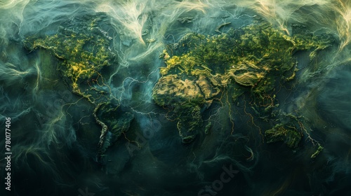 Green Bioluminescent World Map on Dark Oceanic Background Mysterious Concept