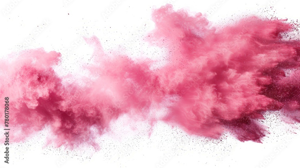 Abstract pink powder explosion on white background.