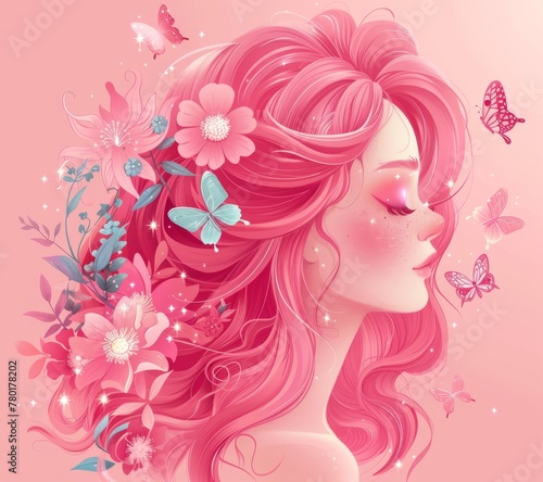 Artistic portrait of a beautiful girl in pink colors with flowers and butterflies in her hair. romantic, portrait, beautiful girl, flowers, hair, pink, spring, femininity, artistic, illustration, draw