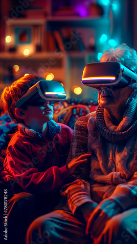 Grandmother and child gaming playing with virtual reality headsets