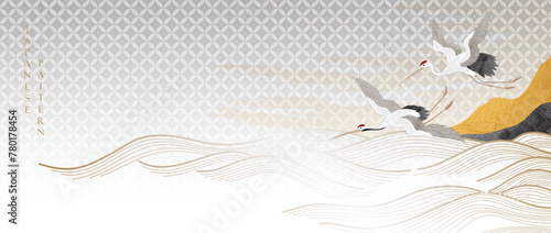 Crane birds vector. Japanese background with watercolor painting texture. Oriental natural hand drawn wave pattern with ocean decoration banner design in vintage style. River pattern element.