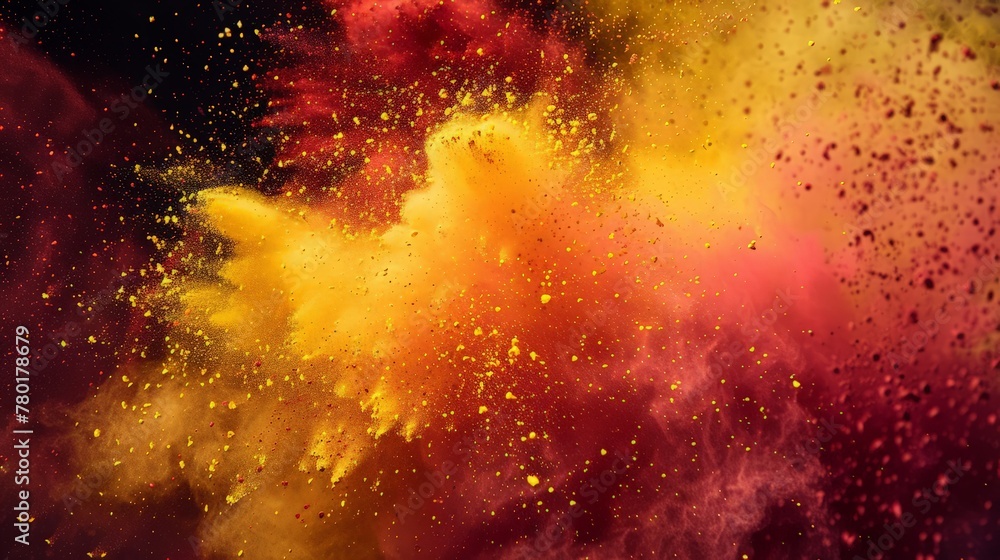 Color powder explosion background. Yellow with red-orange dust paint coloured explode for Holi Festival.