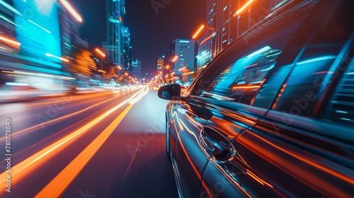 a car driving fast in a city, with motion blur, modern architecture visible, at night time, with city lights visible,