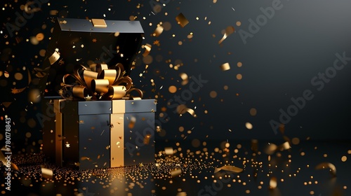 Black Friday sale template with an open gift box, golden decoration Black isolated background for advertising or web design. photo