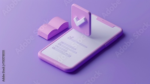 Sleek 3D rendering of a mobile bill icon with a check mark, set against a modern purple background, symbolizing successful payment photo