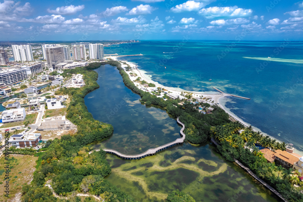 Aerial view of Cancun Hotel Zone, Mexico