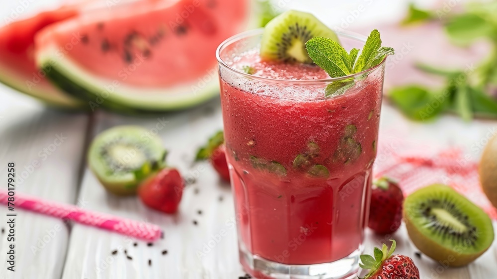 Succulent Watermelon Kiwi Cocktail with Herbs - A close-up view of a watermelon kiwi cocktail with herbs and a striped straw on a rustic wooden table Succulent Watermelon Kiwi Cocktail with Herbs - A close-up view of a watermelon kiwi cocktail with herbs and a striped straw on a rustic wooden table