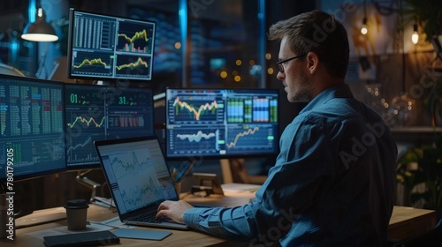 Financial Analyst Using Laptop Computer, Standing Next to Multi-Monitor Workstation with Real-Time Stocks,