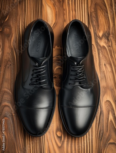 Black leather dress shoes on wooden texture - A pair of polished black leather dress shoes are presented on a warm, textured wooden surface, highlighting intricate design details