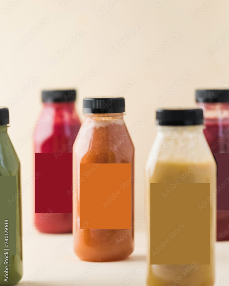 Assorted vegetable and fruit smoothies in plastic bottles. Detox, vegetarianism. Assorted vegetable and fruit smoothies in plastic bottles. Detox, vegetarianism.