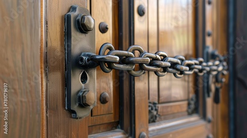 A close-up view of an innovative chain latch on a door, blending inspired design with robust security for ultimate protection