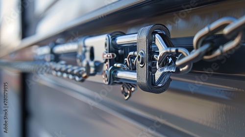 Focused on a garage door's chain latch in close-up, illustrating how inspired, innovative design enhances door security effectively