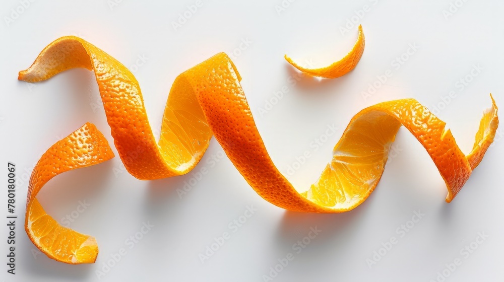 Spiral form of orange peel isolated on a white background, top view.