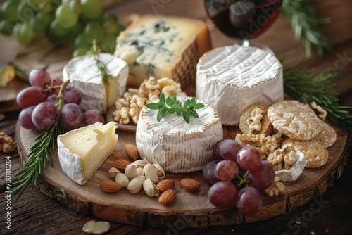 Elegant assortment of fine cheeses  grapes  nuts  and crackers