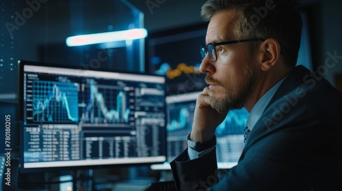 Successful broker, trader, or bank manager looking at screen computer