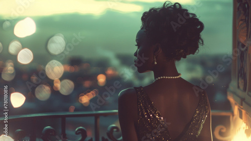 A black woman stands on a balcony gazing out at the city in a dazzling evening gown. The soft vintage filter captures the essence of a bygone time when ladies wore pearls and the air . photo