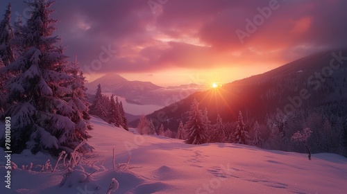 The winter mountain landscape is filled with a majestic sunrise.