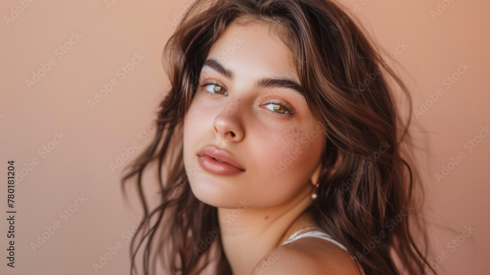 Portrait of young woman with natural look - Soft portrait of a young woman with a natural, fresh look against a plain background Portrait of young woman with natural look - Soft portrait of a young woman with a natural, fresh look against a plain background