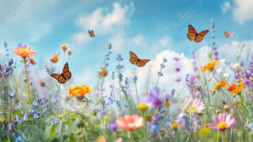 Pastel wildflower field with butterflies - Soft-focused image of a pastel-colored field of wildflowers with butterflies under a clear blue sky © Tida