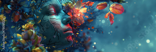 Mystical face with floral and leaf blend - Surreal composition of a cracking face silhouette, merging with autumn leaves and flowers, emanating a mystical, dreamy mood