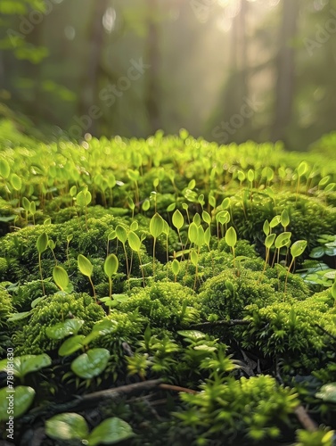 Close up on a patch of moss, showcasing a mini ecosystem thriving in green lushness.