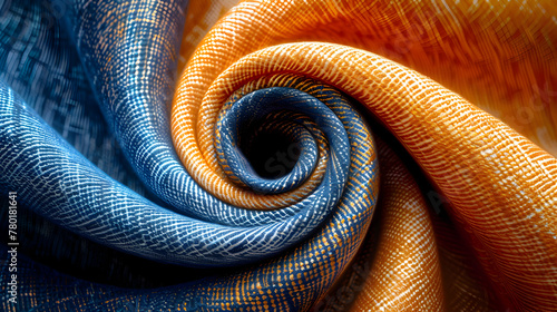 Photographic orange suede and blue Demin fabric texture, in the style of spiraling geometric, reef wave, carpet Unk