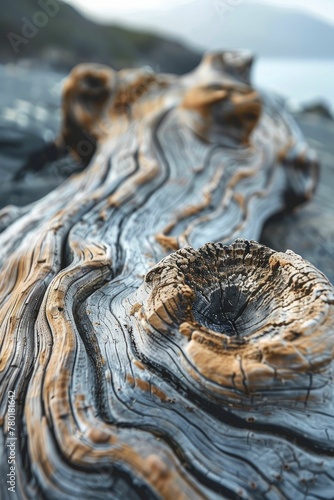 Zooming in on a weathered driftwood fragment, the sea's touch evident in its smooth, worn texture.