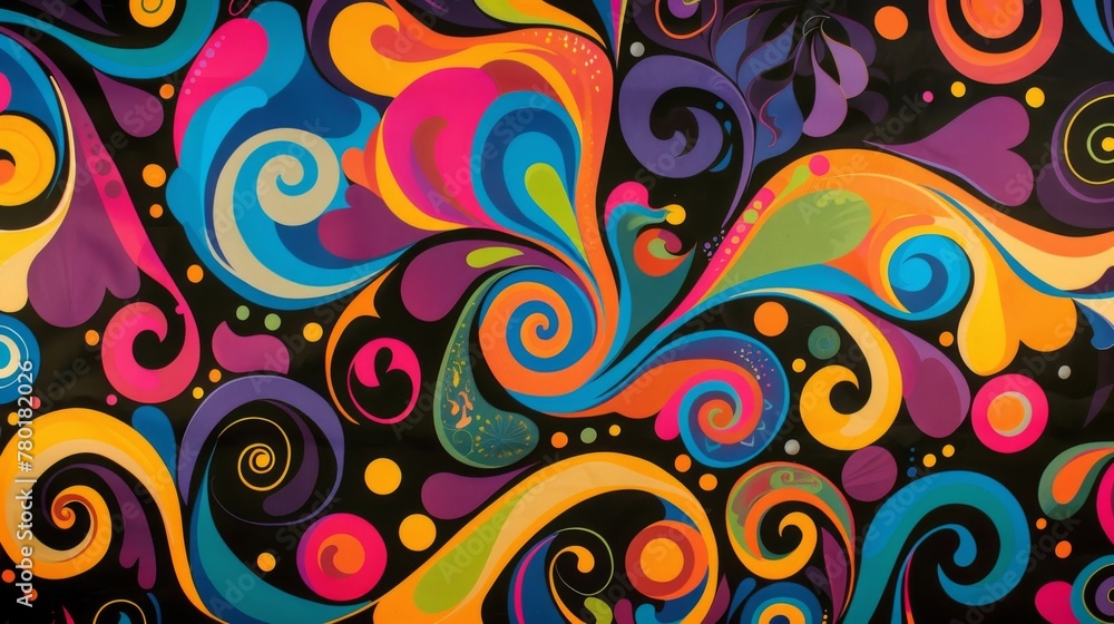 Bright psychedelic swirls and twirls on a black background give off a retro and trippy vibe.