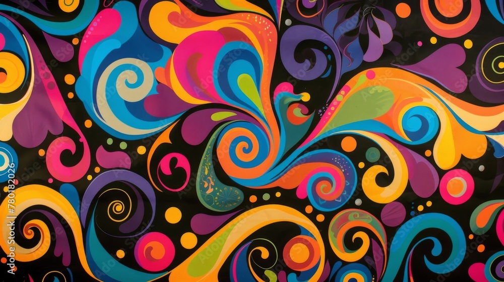 Fototapeta premium Bright psychedelic swirls and twirls on a black background give off a retro and trippy vibe.