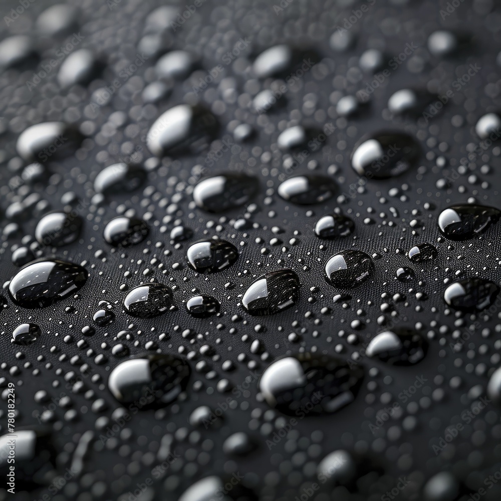 Detailed view of water droplets on a waterproof fabric, showcasing the technology behind water repellence. Detailed view of water droplets on a waterproof fabric, showcasing the technology behind water repellence.