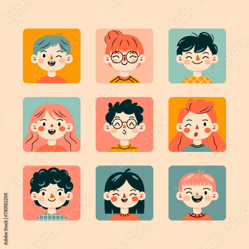 Kwadratowe portrety ludzi. Różne twarze i fryzury. Zabawne postacie. Awatar, urocze komiksowe buzie. Ręcznie rysowane ilustracje wektorowe.