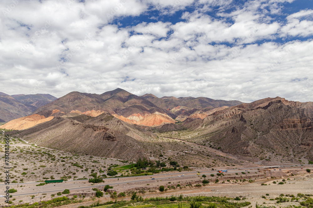 Panoramic view of the Tilcara landscape in Jujuy, Argentina.