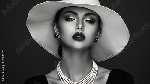 A breathtaking black and white portrait features a woman clad in all black her outfit punctuated by a bold white hat and statement necklaces. The monochrome palette brings depth and .