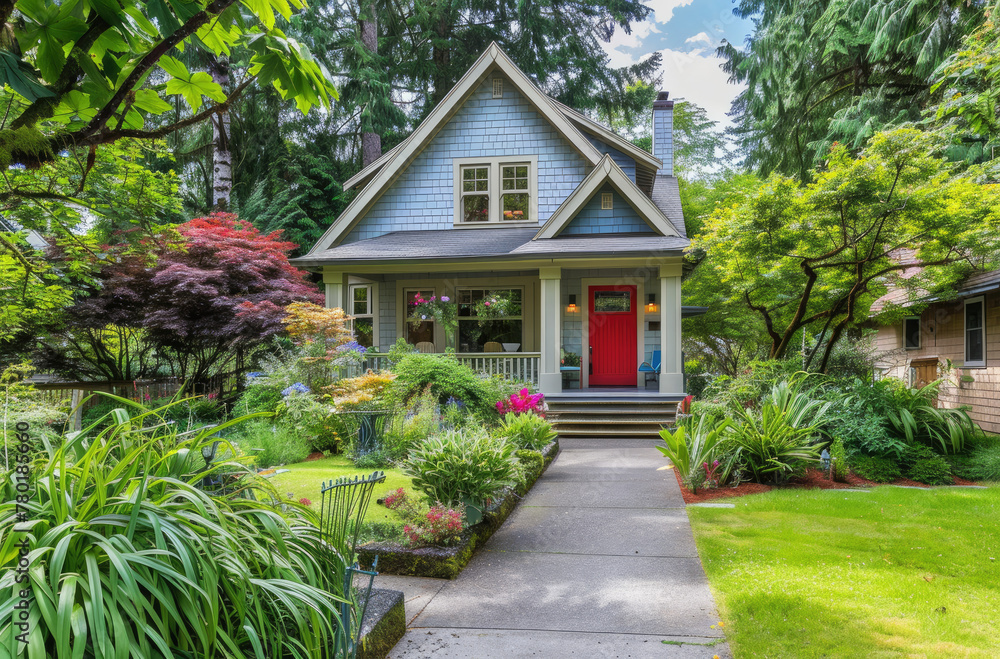 an elegant craftsman bungalow with lush green landscaping and a gray and white color scheme accented with bright red, a front porch with small stairs and a white handrail