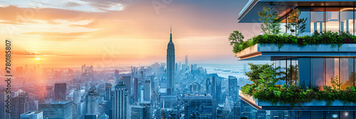 Panoramic View of Manhattans Skyline at Sunset, Aerial Perspective Emphasizing the Architectural Majesty of New York City