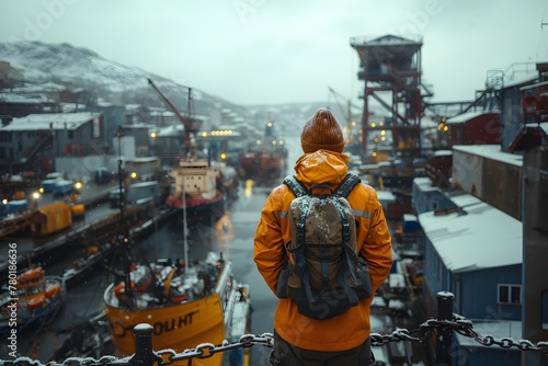 Traveler Observing Snowy Industrial Port Scene