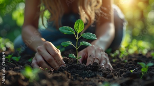 Close-up of hands nurturing a young plant in soil. photo