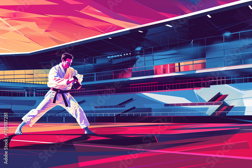 Martial arts wrestling, judo competition in the sports hall. Battle fight competition. Modern Grainy gradients design Olympic sports. Generative AI
