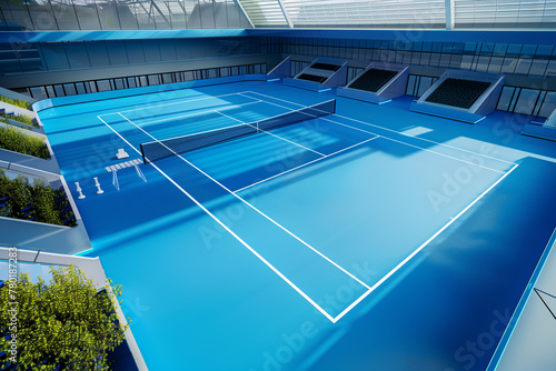 Blue tennis court with sunlight. Indoor arena tournament. Competition game. tennis sport info graphic design concept. Generative Ai