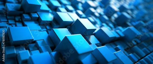 A digital image featuring a multitude of blue cubes with a deep focus effect.
