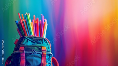 A backpack filled with school supplies against a vibrant rainbow background.